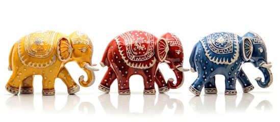 Colorful Ceramic Elephants with Reflection on White Background