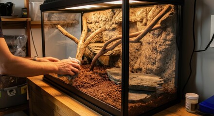 Preparing reptile terrarium with dry substrate and branches for natural habitat