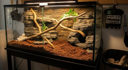 Terrarium featuring climbing branches, layered rocks, soil substrate, and plants under light