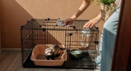 Person cleaning ferret