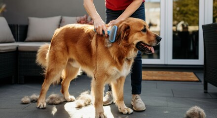 Person grooming large golden dog on patio with brush