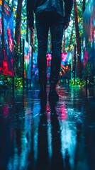 Obraz premium A person stands in a vibrant, reflective space filled with colorful digital art.