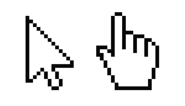 Pixel mouse cursor and hand pointer icon set Clipart image isolated on white background.