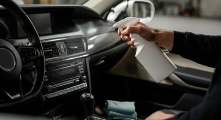 Person cleaning car interior with spray bottle and cloth