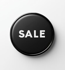 A black, round button with the word "SALE" written on it, against a white background, in a minimalistic style with a simple design.
