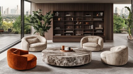 Modern living room with four armchairs around a large round marble coffee table.