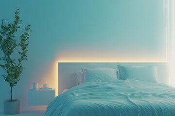 Serene Bedroom Interior with Aquatic Turquoise Light and Bed Linen Evoking Calmness and Balance