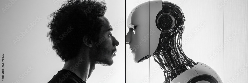 Aufkleber a person looks into a digital mirror, seeing a robot as their reflection in a sleek, futuristic envi