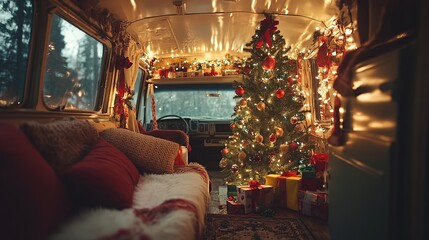 Cozy Christmas decorations inside festive camper van
