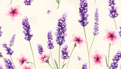 Naklejka premium Watercolor pattern with lavender flowers, retro style