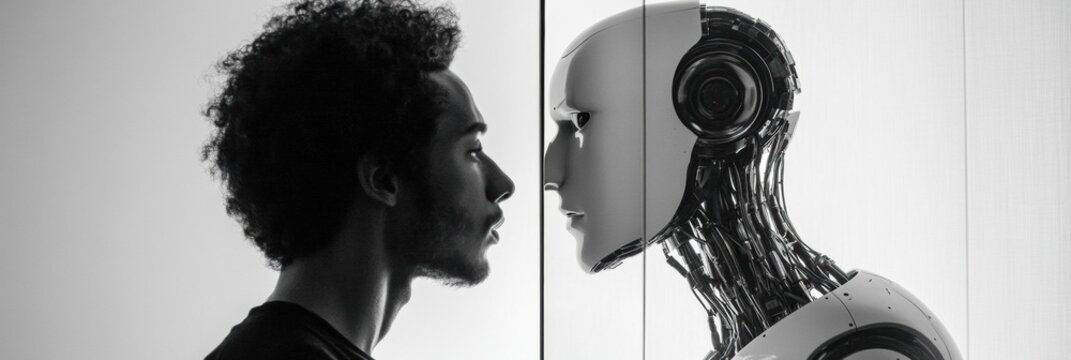 A person looks into a digital mirror, seeing a robot as their reflection in a sleek, futuristic environment. Generative AI
