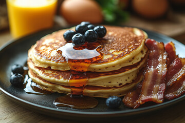 Enjoying a delicious breakfast spread with pancakes, bacon, and fresh fruits in a cozy kitchen setting