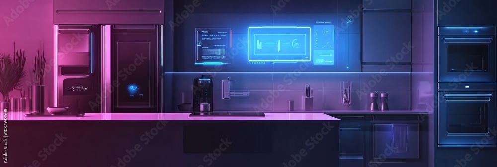 Poster the kitchen showcases advanced smart appliances integrated into a chic and futuristic design, enhanc