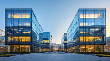 Modern office buildings with glass facades and a spacious plaza in the foreground.