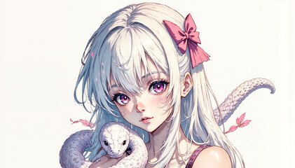 a beautiful anime-style character with blonde hair and a pink bow, holding a white snake with a red ribbon.