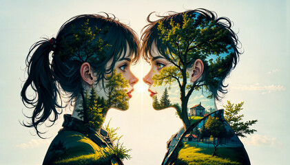 a digital artwork featuring two identical young women, each with a pair of eyes and a nose, standing side by side against a backdrop of a tree and a house.