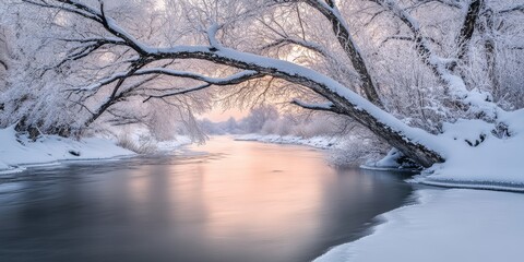 Delicate branches draped in snow arching over a frozen river, reflecting the soft pastel glow of a winter sunrise in a serene, frosty landscape