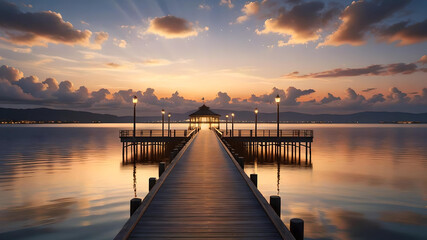 Obraz premium pier with deck at sunset with water views