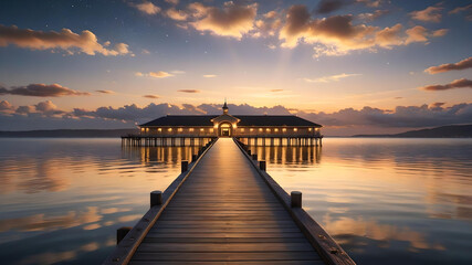 Obraz premium pier with deck at sunset with water views
