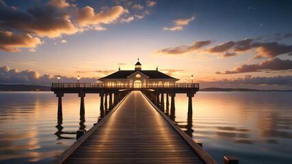 Fototapeta premium pier with deck at sunset with water views