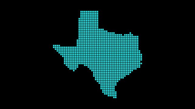 Texas digital map. Map of Texas in dotted style. Shape of the US state filled with rectangles. Vibrant video.