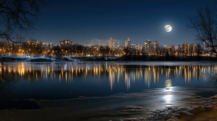 City skyline illuminated by moonlight over water