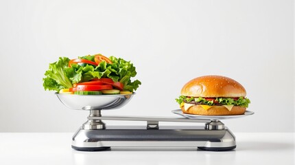 Balanced diet concept: fresh salad vs. burger on weighing scale