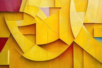 Obraz premium Abstract geometric pattern of yellow and red shapes on a wall.