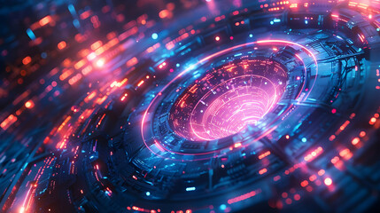 Obraz premium Abstract 3D Digital Cyberpunk Tunnel Background with Glowing Neon Lights and Futuristic Circuitry Design