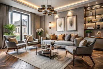 Fototapeta premium Stylish Modern Living Room with Comfortable Chairs and Cozy Decor for Contemporary Homes, Perfect for Interior Design Inspiration and Home Makeover Ideas