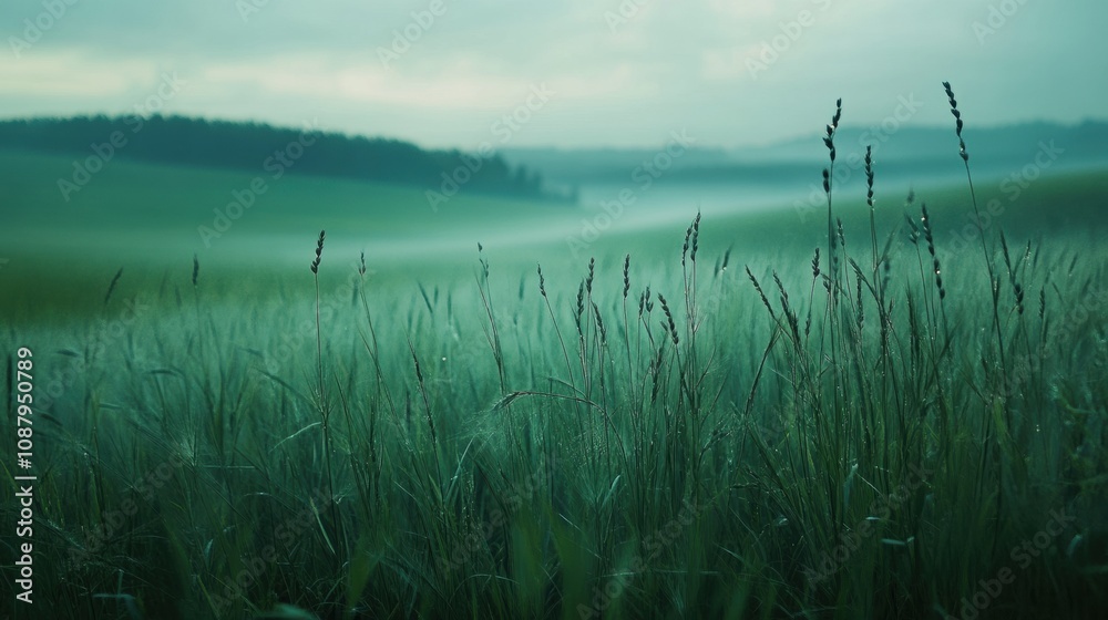 Poster a peaceful green meadow showcases tall grasses and flourishing soybeans, creating a serene atmospher