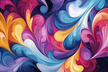 Obraz premium Abstract swirl pattern in vibrant colors, blue, pink, yellow, and purple on a dark background.