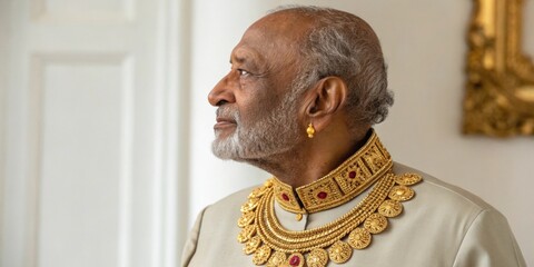 Elegant older gentleman, adorned with a magnificent golden necklace, exudes an aura of wisdom, dignity, and timeless sophistication, his profile highlighted against a softly lit interior