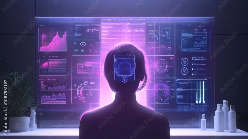 Poster a user engages with a high-tech mirror that analyzes hair health and offers tailored advice in a con