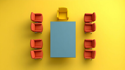 A Top View of a Conference Room Setup with a Blue Table and Yellow Chair in the Center and Red Chairs Surrounding it, on a Yellow Background,  Minimalist Modern Office Furniture Design.