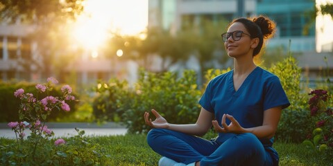 A nurse practicing mindfulness or yoga in a quiet hospital garden