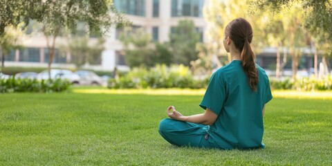 A nurse practicing mindfulness or yoga in a quiet hospital garden