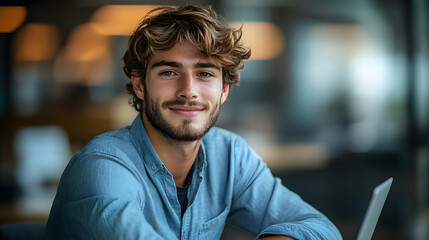 Fototapeta premium Portrait of a smiling man with curly hair sitting at a desk and looking at the camera in a casual setting