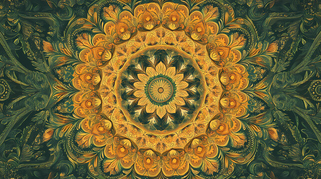 A traditional indian mandala with intricate paisley and leaf patterns arranged in concentric rings. Intricate Mandala Patterns. Illustration