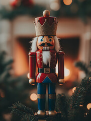 Classic toy soldier nutcracker figure against Christmas tree with Xmas light in decorated festive room. Traditional festive Decoration and Ornaments. New Year holiday celebration.