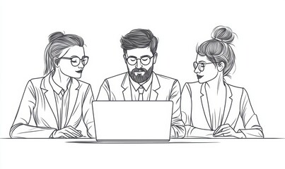 Fototapeta premium Simple line drawing of three business people working together on a laptop, illustration, simple lines, white background, minimalism, black and gray colors Generative AI