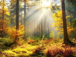 Obraz premium Dense forest trees in bright autumn colors