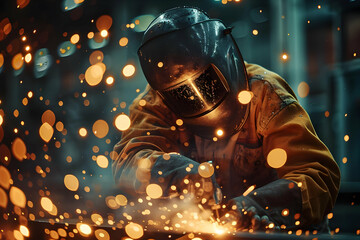 Welder skillfully welds metal, sparks fly, industrial setting, intense focus, detailed close-up.
