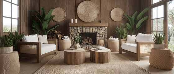 Rustic living room with cozy decor and natural elements