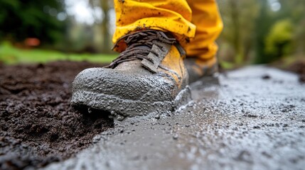 Mud-covered work boot on a construction site.