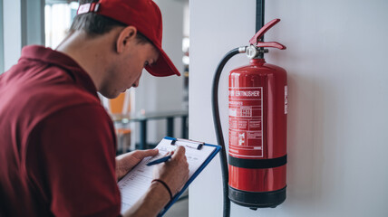 A man in a red shirt is writing on a clipboard next to a red fire extinguisher. The clipboard is on a wall and the man is wearing a red hat