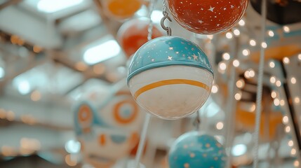 Colorful decorative orbs hanging in a playful setting, creating a whimsical atmosphere.