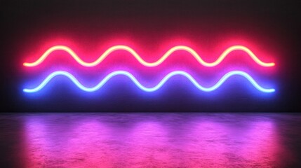 Neon light wave pattern on a dark wall, reflecting in the floor.