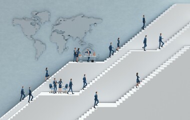 Business people walking up on massive white stairs. Abstract environment representing career, success in business, start up, professional perspectives. 3D rendering