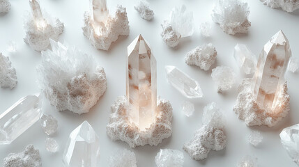 collection of shimmering crystals in various shapes, showcasing natural beauty and intricate textures, reflecting light in mesmerizing ways and symbolizing clarity, transformation, and spiritual growt